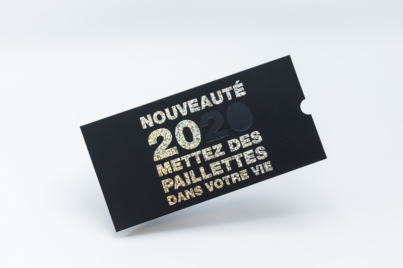 Carte de voeux Découpe Ennoblissement Finition paillettes